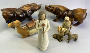 CARVED BOAR ORNAMENTS, 2 SIMILAR,15cms H x 32cms L and Willow Tree ornaments including camel,