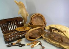 TREEN - a good selection of items including a carved dolphin ornament, 55cms tall, a carved