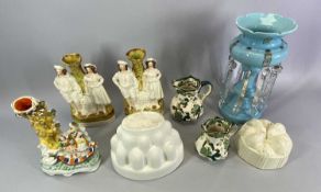 MILK GLASS LUSTRE VASE, 30cms tall, three Staffordshire spill holders, two Masons Chartreuse jugs