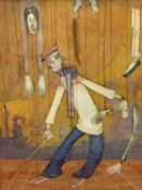 KAREL LEK mixed media - a standing clown performing his act, signed and dated 1954, 38 x 28cms