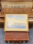 VINTAGE ASSORTMENT - to include old suitcases, a wooden carved panel of a native African scene,