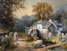 JAMES BURRELL SMITH watercolour - old mill scene with lady on a path, signed and titled on