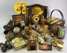 TREEN, BAKELITE, assorted metalware, reptile skin clutch bag, old field glasses, oak cake pat,