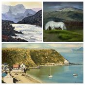 JANE MOULAS JONES pastel - white horse and a landscape, 42 x 50cms, I JONES OWEN oil on board -