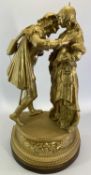 GILT SPELTRE MODEL OF A MUSICIAN SERENADING A LADY - on a half-moon plinth, 57cms tall