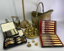 METALWARE - copper helmet coal scuttle, washing dolly, cased cutlery sets, brass candlesticks, a