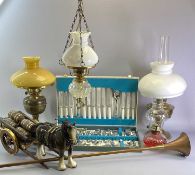 CASED MID-CENTURY CUTLEY, brass based oil lamps, copper hunting horn, dray horse and cart, old cased