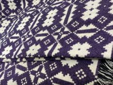 TRADITIONAL WELSH WOOLLEN BLANKET - with tasselled ends in purple and cream, 220 x 204cms