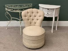 METAL HALF MOON TABLE WITH GLASS TOP, another wooden with two drawers and an upholstered button