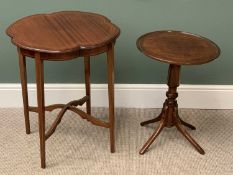 REPRODUCTION MAHOGANY TEA TABLE with shaped top, on tapered supports and inlaid detail, 72cms H,