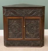 ANTIQUE CARVED MAHOGANY FLOORSTANDING CORNER CUPBOARD, 93cms H, 93cms W, 56cms D