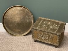 REPOUSSE BRASS COAL BOX - 34cms H, 46cms W, 30cms D and a brass charger, 53cms diameter