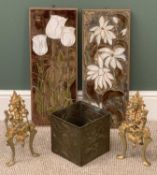 PAIR OF BRASS ORNATE FIRESIDE DOGS, a square brass planter, a pair of floral decorated ceramic