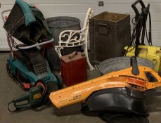 VINTAGE GALVANIZED TUB - two-handled galvanized bath, wooden ammunition type box, cast iron bench