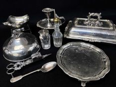 ASSORTED ANTIQUE SILVER PLATED ITEMS, including an Old Sheffield Plate chamberstick with snuffer,