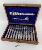 EDWARD VII SILVER & EPNS CASED FISH SET, having silver handles and engraved EPNS blades, set of 12