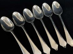 SET SIX GEORGE II SILVER DOG NOSE & RAT-TAIL TABLESPOONS, Isaac Callard, London 1755, 21cm long,