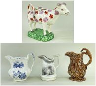 SWANSEA POTTERY COW CREAMER, c. 1830-40, iron red and pink lustre spots, 18cms long, and THREE