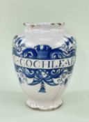 18TH CENTURY DELFT DRUG JAR, painted in blue with strapwork label inscribed 'C.COCHLEAR'