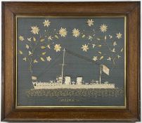 SILKWORK EMBROIDERY S-CLASS DESTROYER H.M.S. SPORTIVE, c. 1920, colour silks on grey-blue ground, 50