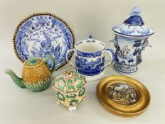 GROUP OF ASSORTED POTTERY, comprising Majolica jar and cover, the foot inscribed 'Theriaca',