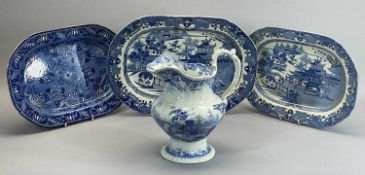 EARLY 19TH CENTURY PEARL WARE CHARGERS (3) and two Willow pattern platters, together with an