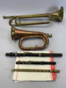 MUSICAL INSTRUMENTS - brass trumpet, copper and brass bugle, flutes, ETC