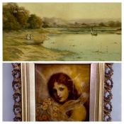 GEORGE OYSTON watercolour - two figures at the riverside watching a fishing boat, signed and dated