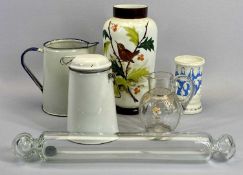 GLASSWARE - enamel decorated jug 14cms tall, glass rolling pin, Milk glass vase, 26cms tall and