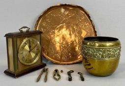 'ARTS & CRAFTS' STYLE COPPER TRAY, stamped J.S & S, 32cms diam, a Metamec mantel clock, a brass