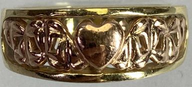 9CT GOLD RINGS (3) - to include a Clogau two tone Cariad ring, Size P, 6.6grms, signet ring with