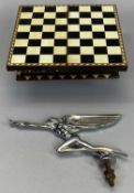 ART DECO CHROME VEHICLE RADIATOR CAP ORNAMENT and a Spanish bone inlaid chess set box, the