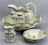 SHELLEY POTTERY TOILET SET - of wash jug, bowl, toothbrush holder and soap dish with drainer,