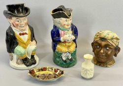 ROYAL CROWN DERBY IMARI 1128 PIN DISH, Aynsley Camellia small vase, lidded tobacco jar and Toby