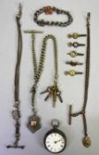 SILVER CASED POCKET WATCH, various watch keys, white metal and other Alberts, 9ct gold and silver