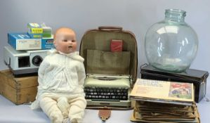 LPs, SLIDE PROJECTOR by Gnome, vintage cased Imperial typewriter, car buoy, porcelain headed doll,