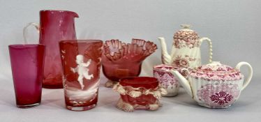 ANTIQUE CRANBERRY GLASS, Mary Gregory style Cranberry beaker, Copeland Spode cabinet china, ETC