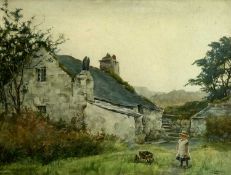 L M WATTS watercolour - Early 20th Century scene of a young girl playing outside in the garden