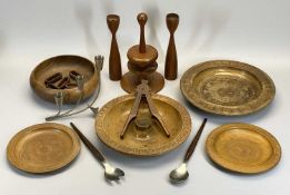 MID-CENTURY SCANDINAVIAN TEAK CANDLESTICKS, A PAIR, 22.5cms tall, a Danish teak Lazy Susan, carved