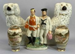 A PAIR OF STAFFORDSHIRE COMFORTER DOGS, 35cms tall, a similar sized Staffordshire flatback, two