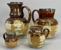 DOULTON LAMBETH SPORTING TYPE JUGS (4) - some with silver collars, approximately 22cms the tallest