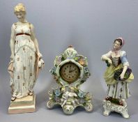 CONTINENTAL CHINA - to include mantel clock, German K P M figure (model 1224) of a lady, 31cms