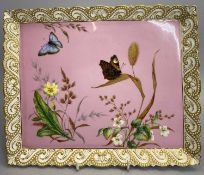 ROYAL WORCESTER CHINA TRAY - marked '74', decorated in pink with butterflies, 23.5 x 28.5cms