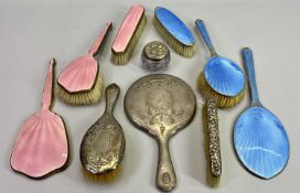 ENAMELLED BACK & SILVER THREE PIECE DRESSING TABLE SET, other silver and plated dressing table