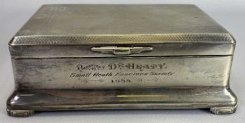 BIRMINGHAM SILVER PRESENTATION CIGARETTE BOX - 1933, Maker Beddoes & Co, engine turned lid with 'H E