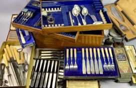 W M F 20TH CENTURY FOUR FOOTED SHALLOW DISH, a quantity of cased cutlery, a mahogany cutlery box