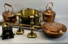 COPPER KETTLES (2) - one with acorn knop, long handled brass warming pan, a swing handled iron brass
