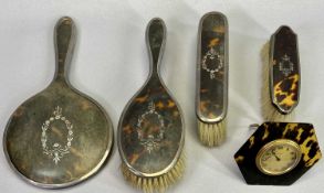 TORTOISE SHELL & SILVER DRESSING TABLE ITEMS and tortoise shell eight day bedroom clock