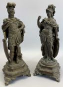 BRONZE CLASSICAL MILITARY FIGURES, A PAIR - on stepped four footed plinth stands, 36cms tall