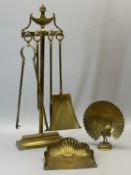 BRASS FIRE IRONS & STAND, a brass peacock ornament, ETC